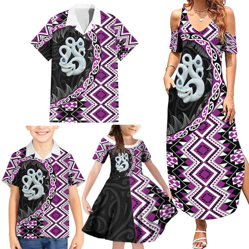 Purple Taniko Motif Aotearoa Manaia and Silver Fern Family Matching Summer Maxi Dress and Hawaiian Shirt