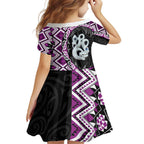 Purple Taniko Motif Aotearoa Manaia and Silver Fern Family Matching Tank Maxi Dress and Hawaiian Shirt