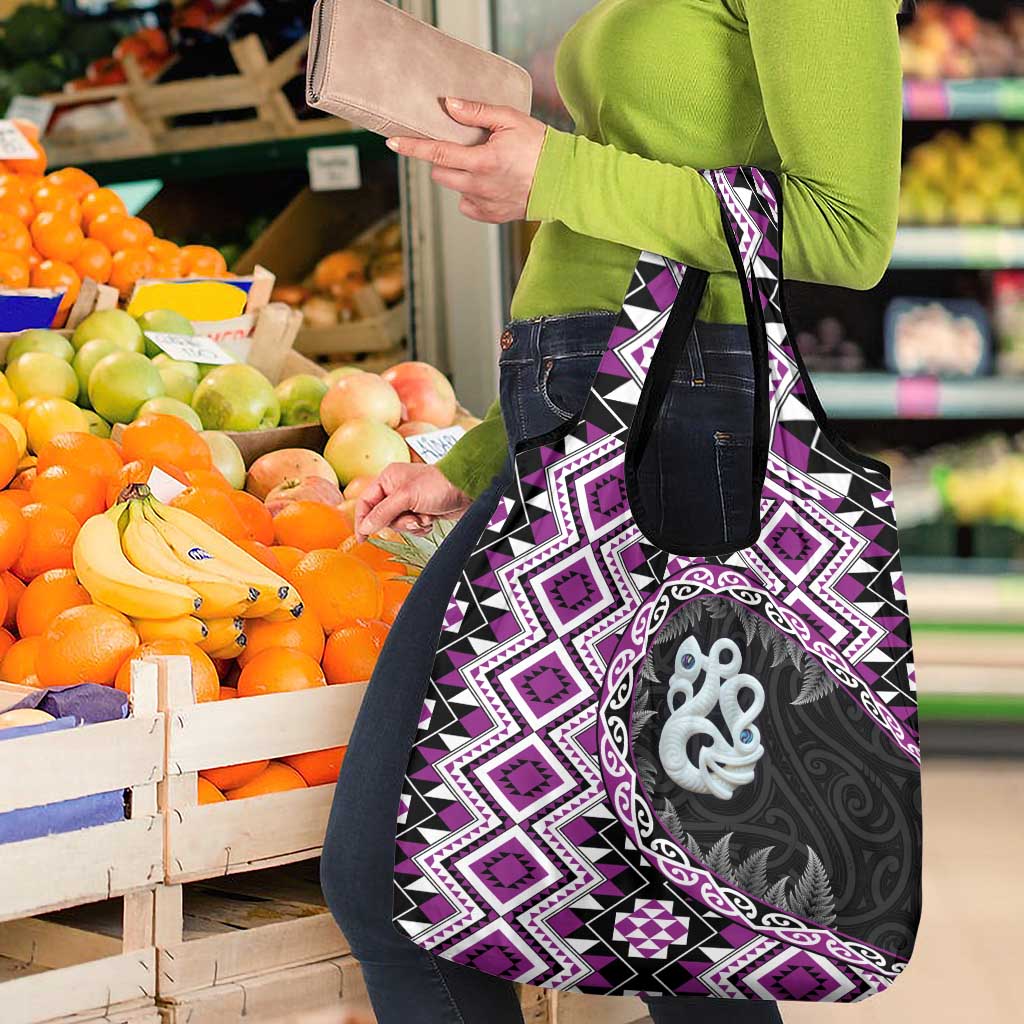Purple Taniko Motif Aotearoa Manaia and Silver Fern Grocery Bag
