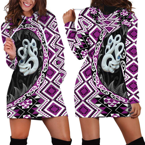 Purple Taniko Motif Aotearoa Manaia and Silver Fern Hoodie Dress