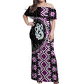 Purple Taniko Motif Aotearoa Manaia and Silver Fern Off Shoulder Maxi Dress