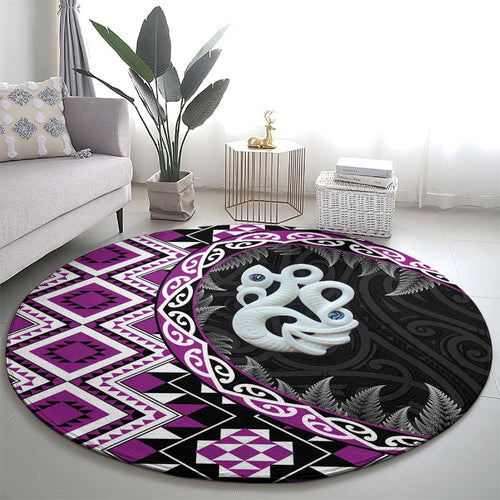 Purple Taniko Motif Aotearoa Manaia and Silver Fern Round Carpet