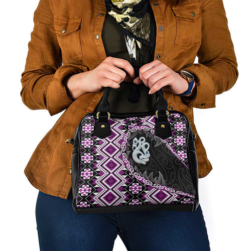 Purple Taniko Motif Aotearoa Manaia and Silver Fern Shoulder Handbag