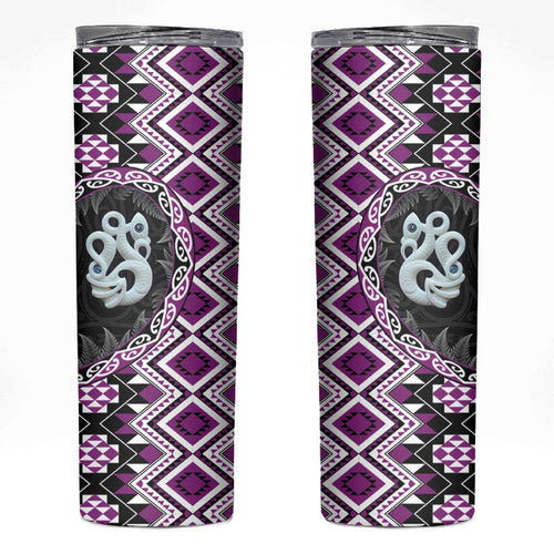 Purple Taniko Motif Aotearoa Manaia and Silver Fern Skinny Tumbler