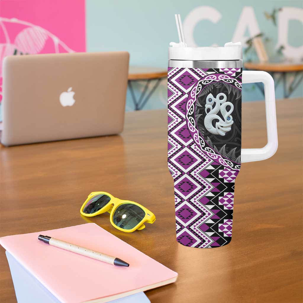 Purple Taniko Motif Aotearoa Manaia and Silver Fern Tumbler With Handle