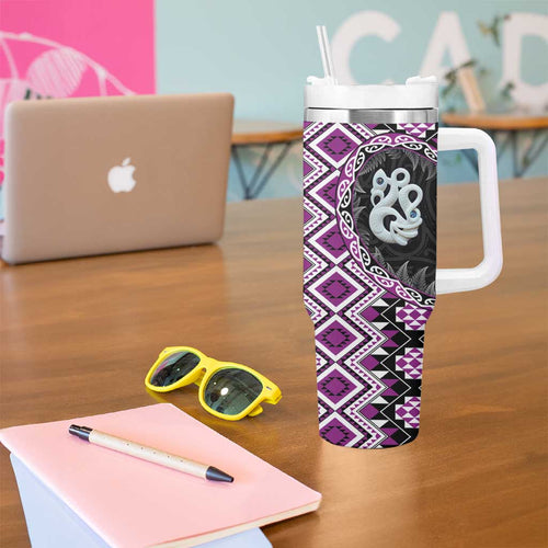 Purple Taniko Motif Aotearoa Manaia and Silver Fern Tumbler With Handle