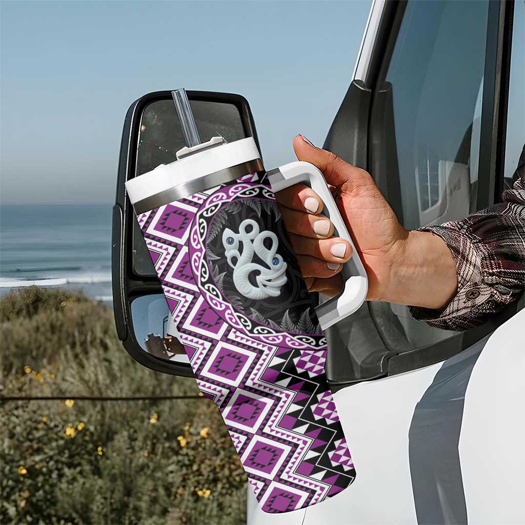 Purple Taniko Motif Aotearoa Manaia and Silver Fern Tumbler With Handle