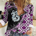 Purple Taniko Motif Aotearoa Manaia and Silver Fern Women Casual Shirt