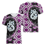 Purple Taniko Motif Aotearoa Manaia and Silver Fern Women V-Neck T-Shirt