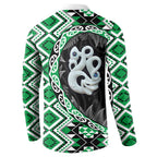 Green Taniko Motif Aotearoa Manaia and Silver Fern Button Sweatshirt