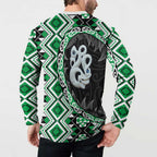 Green Taniko Motif Aotearoa Manaia and Silver Fern Button Sweatshirt