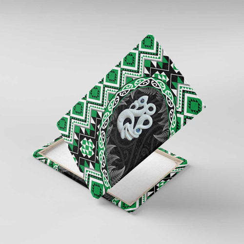 Green Taniko Motif Aotearoa Manaia and Silver Fern Canvas Wall Art