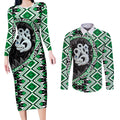Green Taniko Motif Aotearoa Manaia and Silver Fern Couples Matching Long Sleeve Bodycon Dress and Long Sleeve Button Shirt