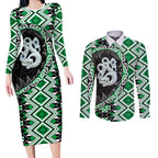 Green Taniko Motif Aotearoa Manaia and Silver Fern Couples Matching Long Sleeve Bodycon Dress and Long Sleeve Button Shirt