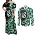 Green Taniko Motif Aotearoa Manaia and Silver Fern Couples Matching Off Shoulder Maxi Dress and Long Sleeve Button Shirt