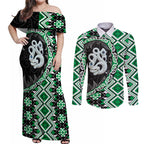 Green Taniko Motif Aotearoa Manaia and Silver Fern Couples Matching Off Shoulder Maxi Dress and Long Sleeve Button Shirt