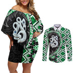 Green Taniko Motif Aotearoa Manaia and Silver Fern Couples Matching Off Shoulder Short Dress and Long Sleeve Button Shirt