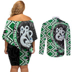 Green Taniko Motif Aotearoa Manaia and Silver Fern Couples Matching Off Shoulder Short Dress and Long Sleeve Button Shirt