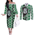 Green Taniko Motif Aotearoa Manaia and Silver Fern Couples Matching Off The Shoulder Long Sleeve Dress and Long Sleeve Button Shirt