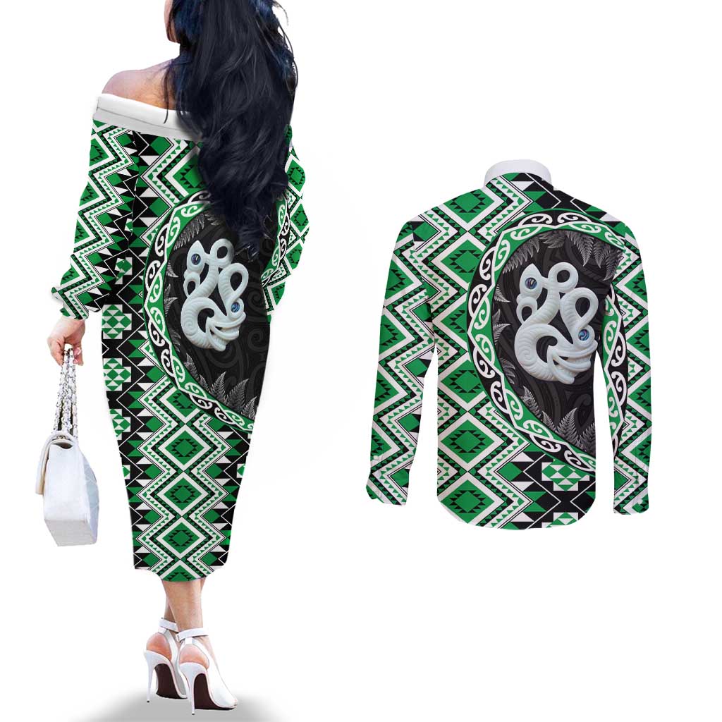 Green Taniko Motif Aotearoa Manaia and Silver Fern Couples Matching Off The Shoulder Long Sleeve Dress and Long Sleeve Button Shirt