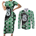 Green Taniko Motif Aotearoa Manaia and Silver Fern Couples Matching Short Sleeve Bodycon Dress and Long Sleeve Button Shirt