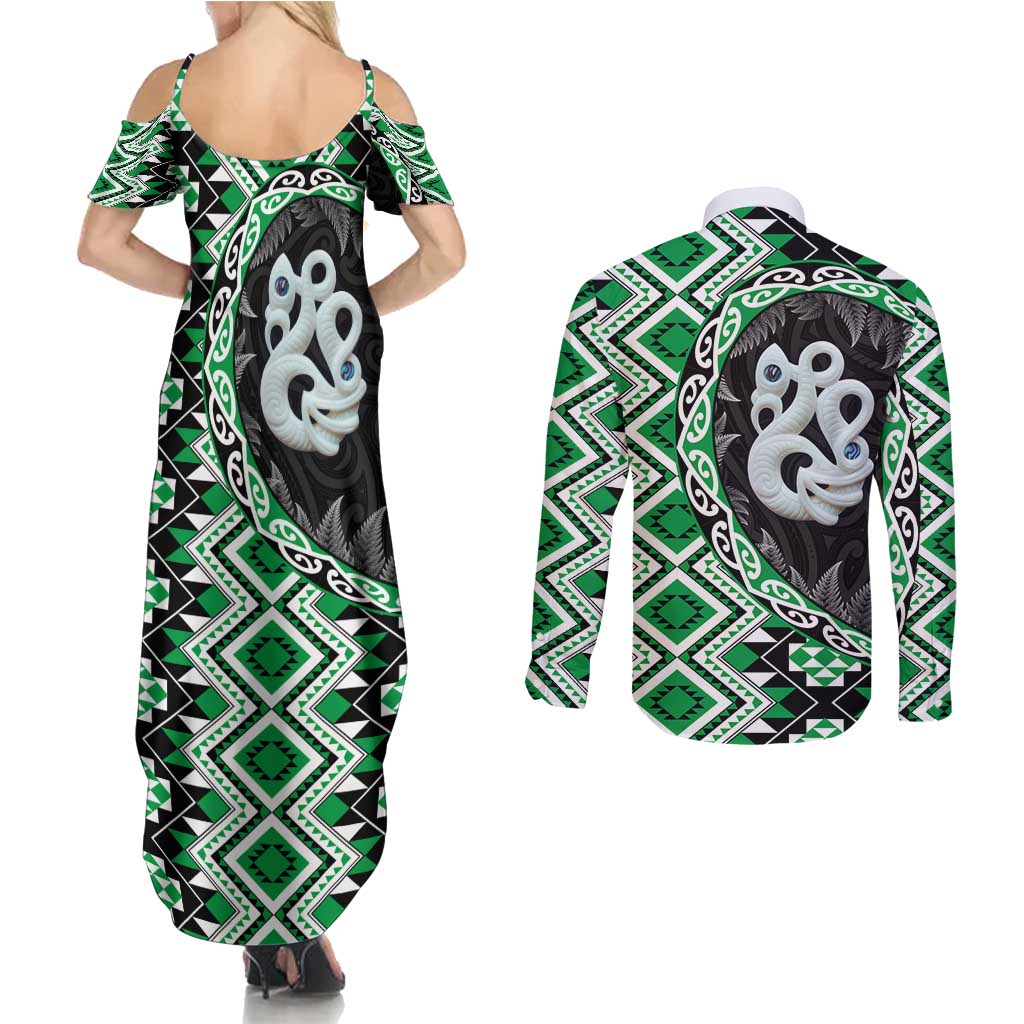 Green Taniko Motif Aotearoa Manaia and Silver Fern Couples Matching Summer Maxi Dress and Long Sleeve Button Shirt