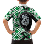 Green Taniko Motif Aotearoa Manaia and Silver Fern Family Matching Long Sleeve Bodycon Dress and Hawaiian Shirt