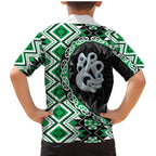 Green Taniko Motif Aotearoa Manaia and Silver Fern Family Matching Mermaid Dress and Hawaiian Shirt