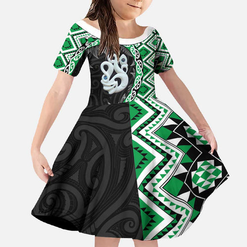 Green Taniko Motif Aotearoa Manaia and Silver Fern Family Matching Mermaid Dress and Hawaiian Shirt