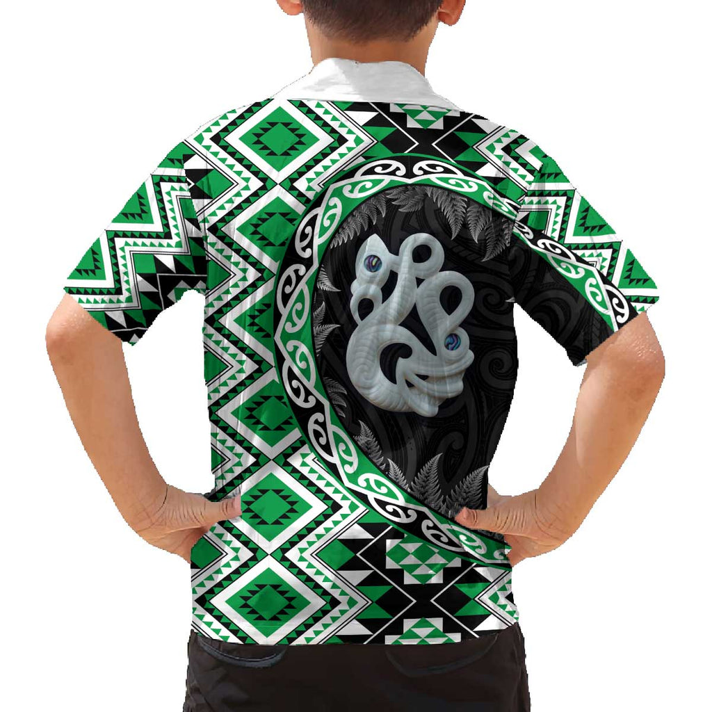 Green Taniko Motif Aotearoa Manaia and Silver Fern Family Matching Off The Shoulder Long Sleeve Dress and Hawaiian Shirt
