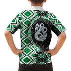 Green Taniko Motif Aotearoa Manaia and Silver Fern Family Matching Off The Shoulder Long Sleeve Dress and Hawaiian Shirt