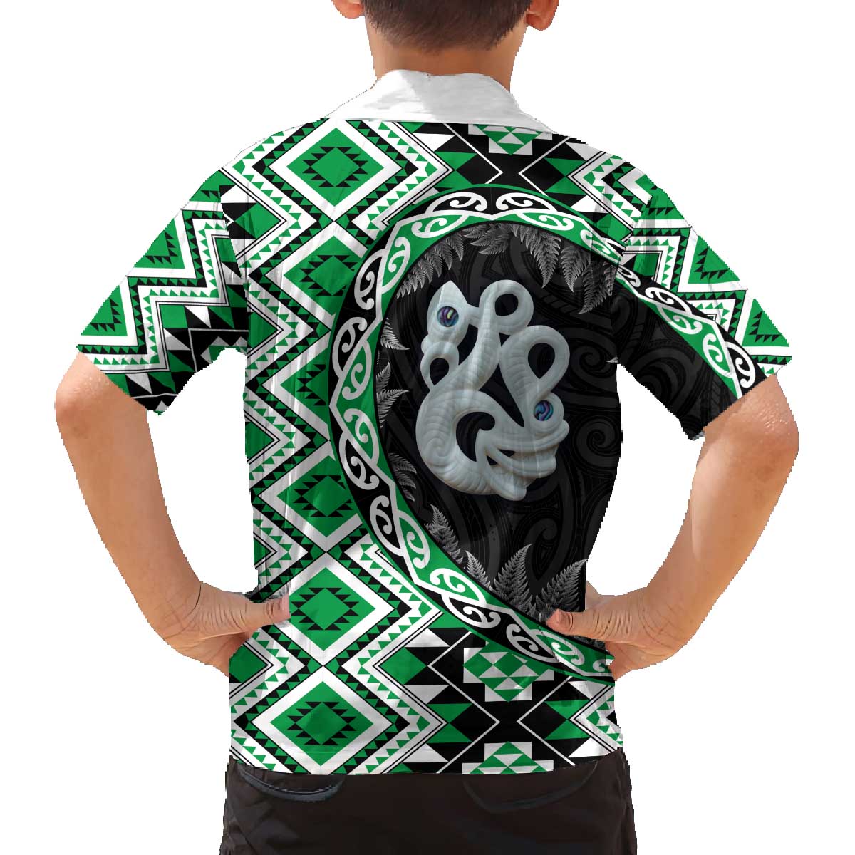 Green Taniko Motif Aotearoa Manaia and Silver Fern Family Matching Off The Shoulder Long Sleeve Dress and Hawaiian Shirt