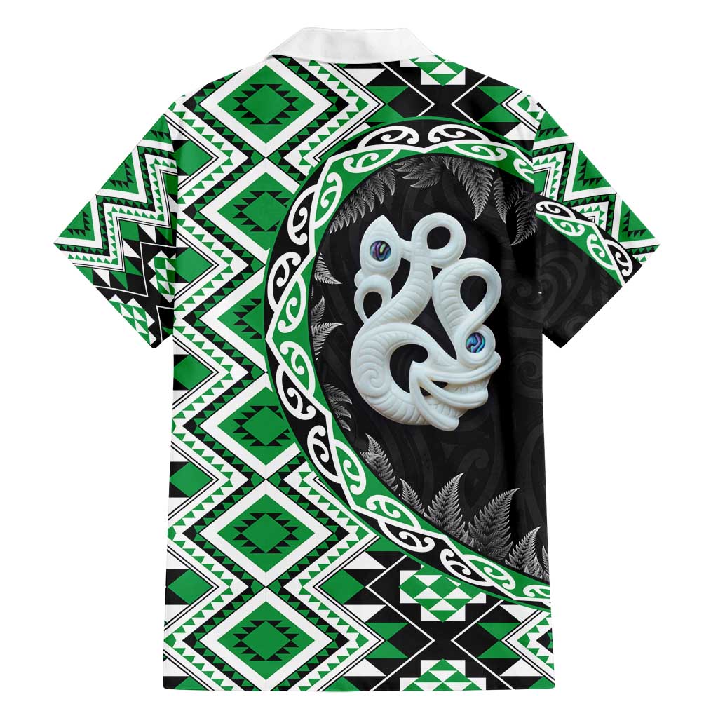 Green Taniko Motif Aotearoa Manaia and Silver Fern Family Matching Off Shoulder Maxi Dress and Hawaiian Shirt