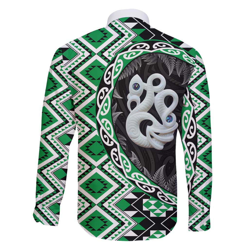 Green Taniko Motif Aotearoa Manaia and Silver Fern Family Matching Off Shoulder Maxi Dress and Hawaiian Shirt