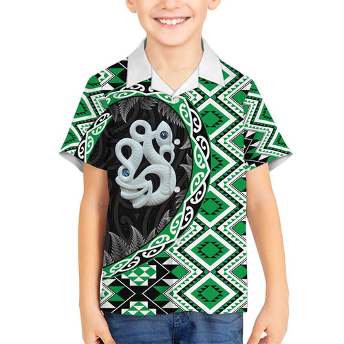 Green Taniko Motif Aotearoa Manaia and Silver Fern Family Matching Off Shoulder Maxi Dress and Hawaiian Shirt