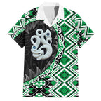 Green Taniko Motif Aotearoa Manaia and Silver Fern Family Matching Off Shoulder Short Dress and Hawaiian Shirt