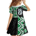 Green Taniko Motif Aotearoa Manaia and Silver Fern Family Matching Puletasi and Hawaiian Shirt