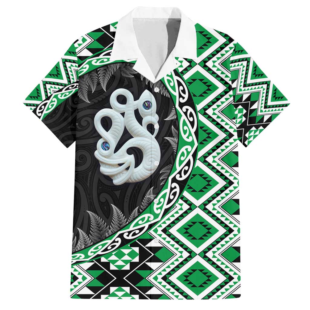 Green Taniko Motif Aotearoa Manaia and Silver Fern Family Matching Puletasi and Hawaiian Shirt