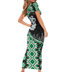 Green Taniko Motif Aotearoa Manaia and Silver Fern Family Matching Short Sleeve Bodycon Dress and Hawaiian Shirt