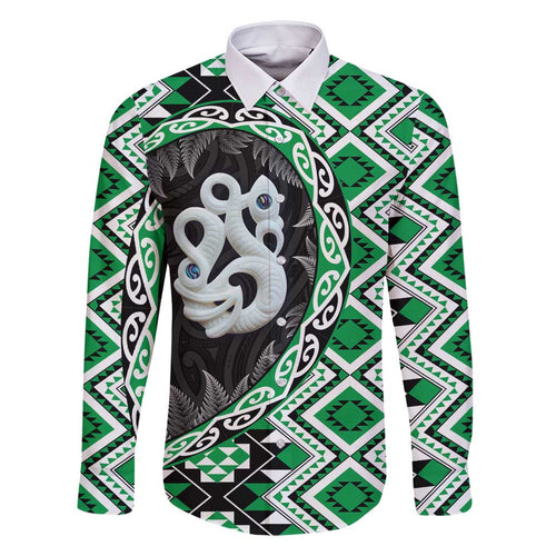 Green Taniko Motif Aotearoa Manaia and Silver Fern Family Matching Tank Maxi Dress and Hawaiian Shirt