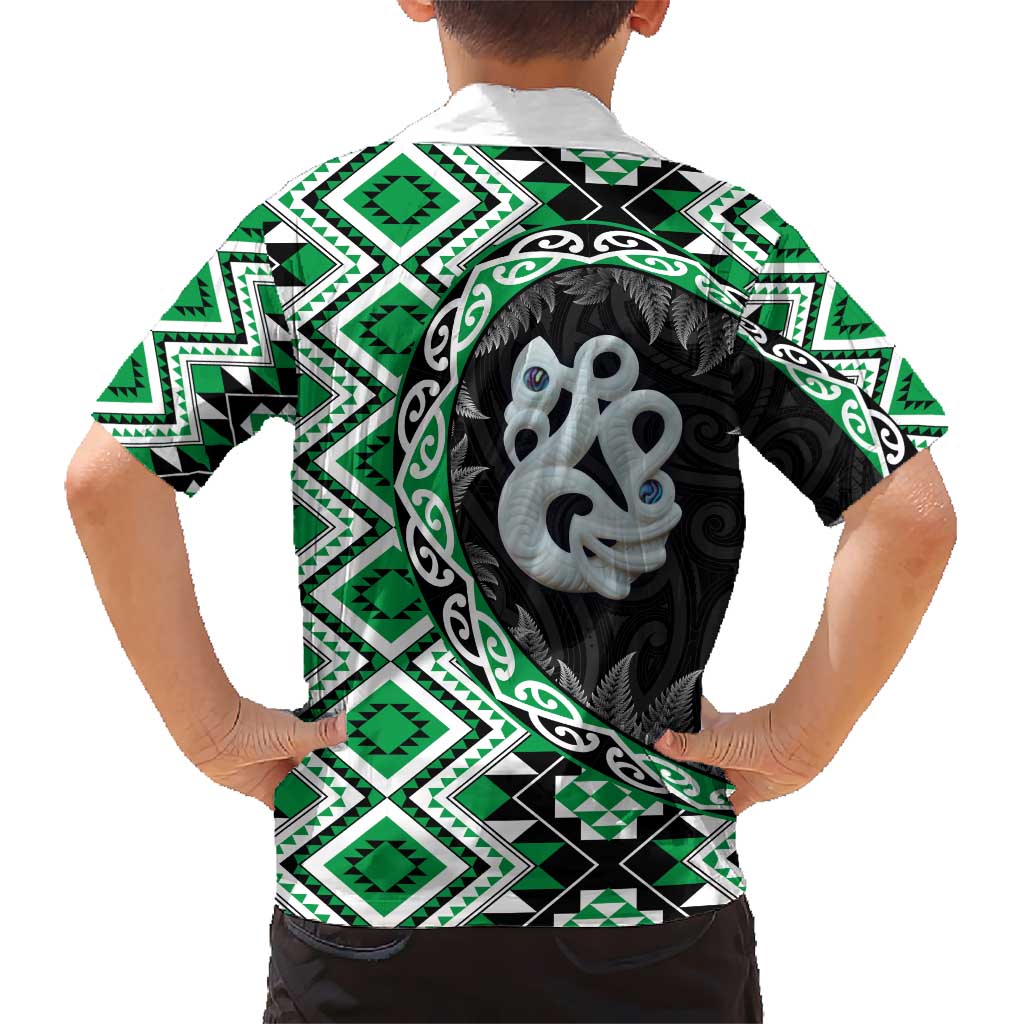 Green Taniko Motif Aotearoa Manaia and Silver Fern Hawaiian Shirt