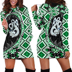 Green Taniko Motif Aotearoa Manaia and Silver Fern Hoodie Dress