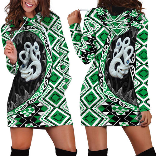 Green Taniko Motif Aotearoa Manaia and Silver Fern Hoodie Dress