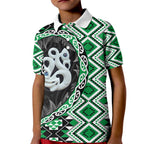 Green Taniko Motif Aotearoa Manaia and Silver Fern Kid Polo Shirt