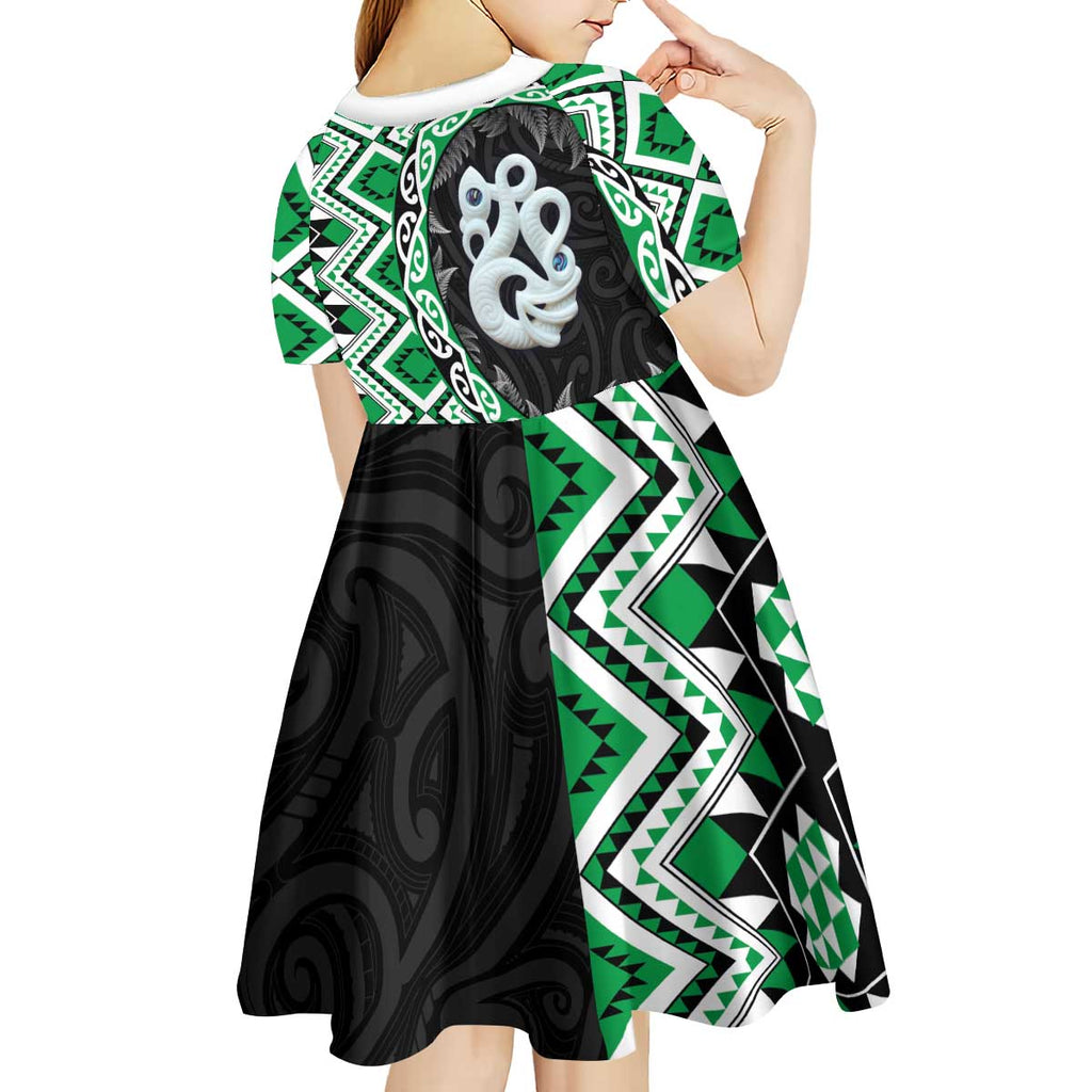 Green Taniko Motif Aotearoa Manaia and Silver Fern Kid Short Sleeve Dress