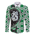 Green Taniko Motif Aotearoa Manaia and Silver Fern Long Sleeve Button Shirt
