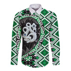 Green Taniko Motif Aotearoa Manaia and Silver Fern Long Sleeve Button Shirt