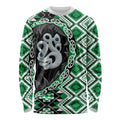 Green Taniko Motif Aotearoa Manaia and Silver Fern Long Sleeve Shirt