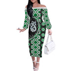 Green Taniko Motif Aotearoa Manaia and Silver Fern Off The Shoulder Long Sleeve Dress