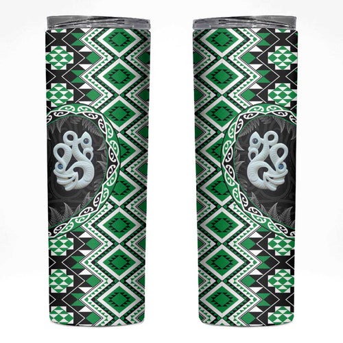 Green Taniko Motif Aotearoa Manaia and Silver Fern Skinny Tumbler